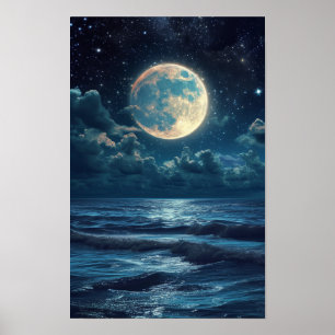 Affiche Stress Night Sky Pleine lune Mer Art réaliste Post