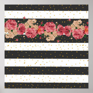 Affiche Striped black pink gold glitter confetti floral
