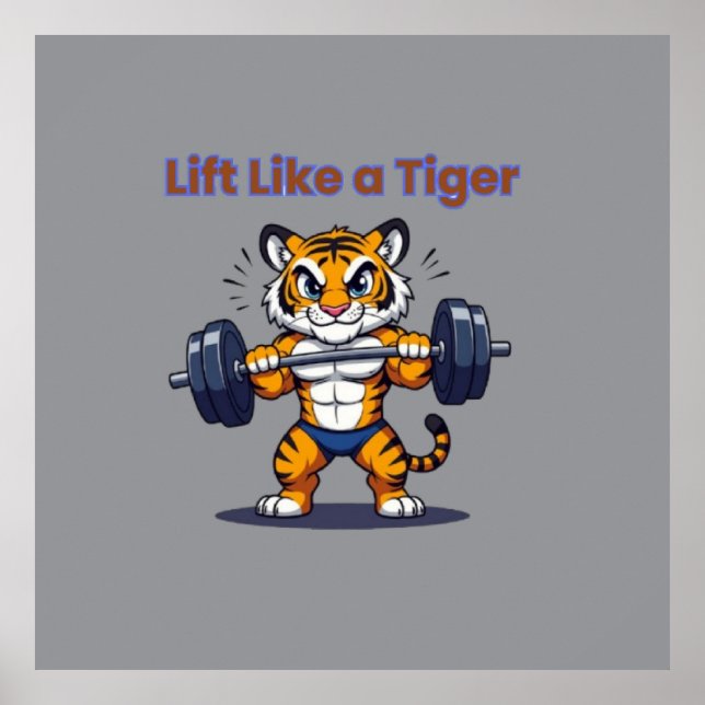 Affiche **Strong Tiger – Cute Tiger Lifting Weights Illust (Devant)