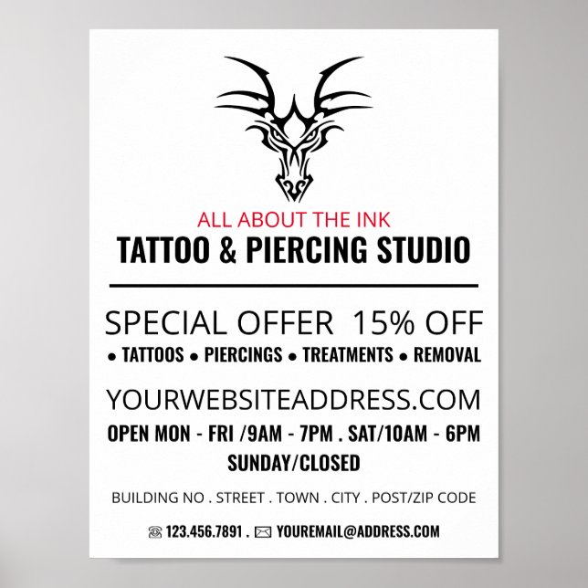 Affiche Studio De Tatouage Dragon, Tatouage & Piercing Cor (Devant)