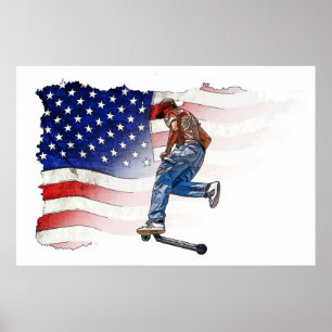 Affiche Stunt Scooter Rider and US Flag