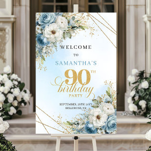 Affiche Stylé aquarelle bleu poussiéreux or 90e anniversai