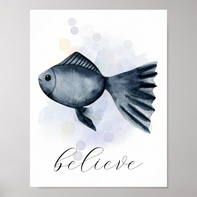 Affiche Style Aquarelle de texte personnalisé Bleu Poisson (Devant)