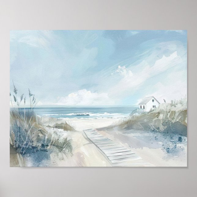 Affiche style aquarelle plage paysage avec maison de plage (Devant)