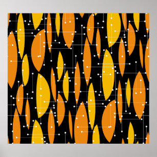 Affiche Style atomique, motif géométrique noir orange.