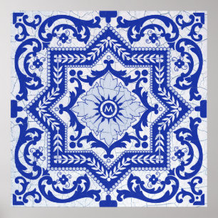 Affiche Style azulejo en céramique craquée bleue Azulejo V