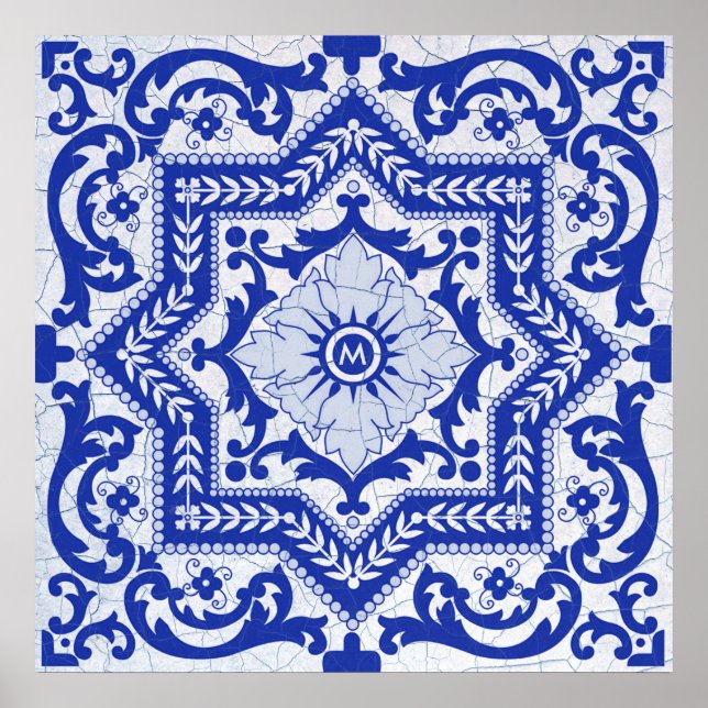 Affiche Style azulejo en céramique craquée bleue Azulejo V (Devant)