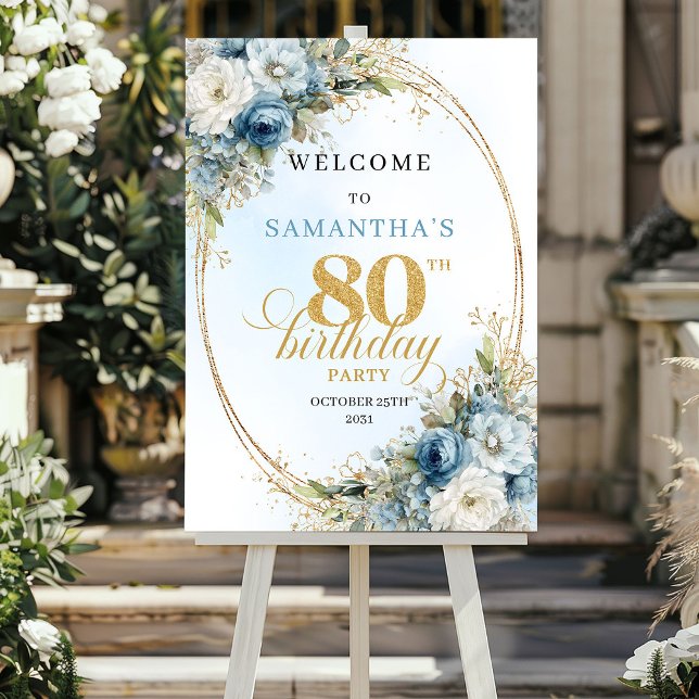 Affiche Stylé bleu poussiéreux eucalyptus or 80e anniversa (Stylish dusty blue eucalyptus gold 80th birthday sign

)