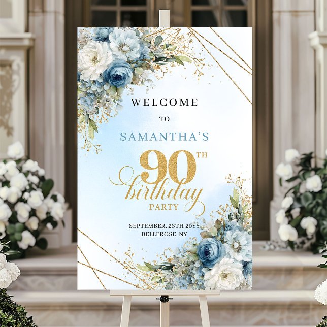 Affiche Stylé bleu poussiéreux eucalyptus or 90e anniversa (Stylish dusty blue eucalyptus gold 90th birthday sign

)
