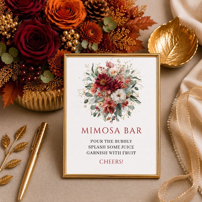 Affiche Stylé bohème bordeaux floral verdure mimosa b (Stylish bohemian burgundy floral greenery mimosa bar sign style

)