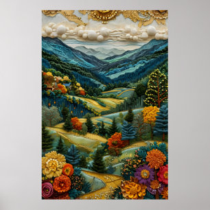 Affiche Style brodé de vallée montagneuse florale vibrante