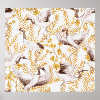 Affiche Style chinois doré, motif sakura aquarelle.