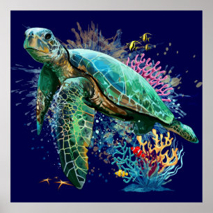 Affiche Style d'aquarelle sous-marine de tortue marine