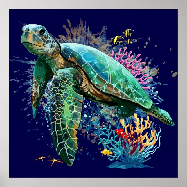Affiche Style d'aquarelle sous-marine de tortue marine (Devant)