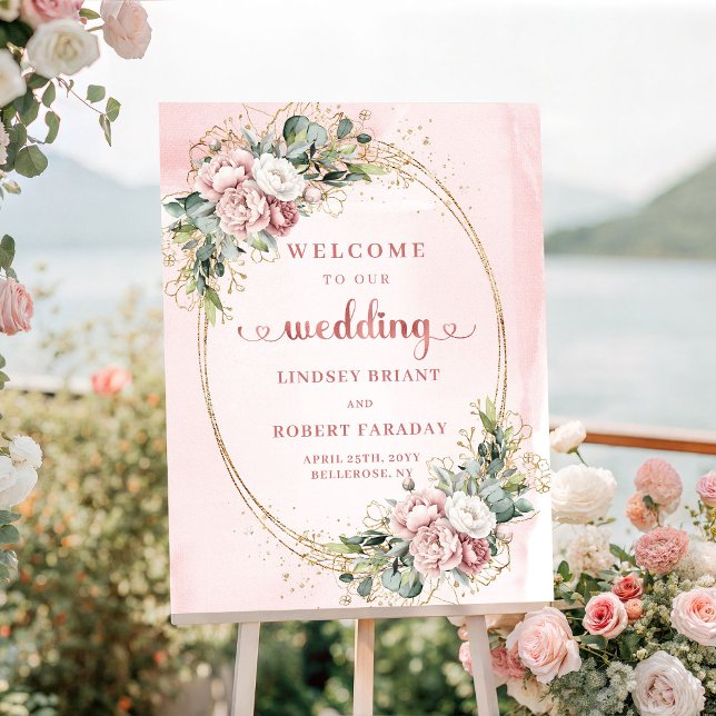 Affiche Stylé Dusty Rose Floral Greenery mariage de bienve (Stylish Dusty Pink Floral Greenery wedding welcome)