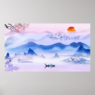 Affiche Style Encre Chinoise Peinture Nature Paysage