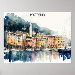 Affiche Style Portofino Italie aquarelle peinture