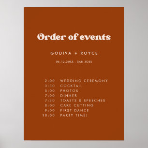 Affiche Style rétro Burnt Orange Mariage Ordre des événeme