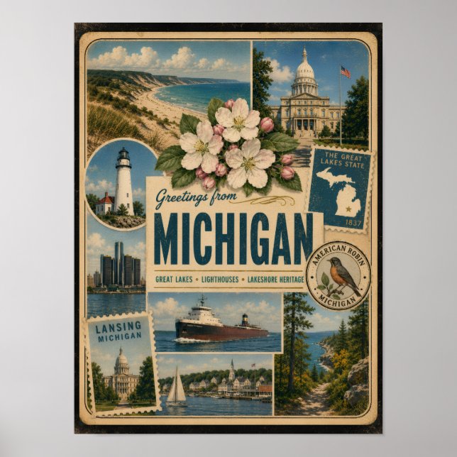 Affiche Style Vintage Authentique du Michigan (Devant)