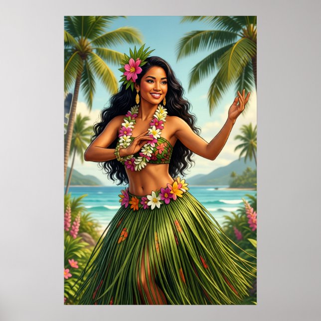 Affiche Style Vintage Fille Hula Hawaïen Voyage (Devant)