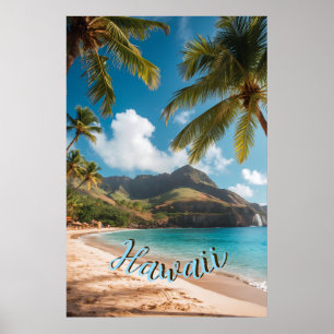 Affiche Style Vintage Hawaïen Voyage Côte Mer Coucher de s