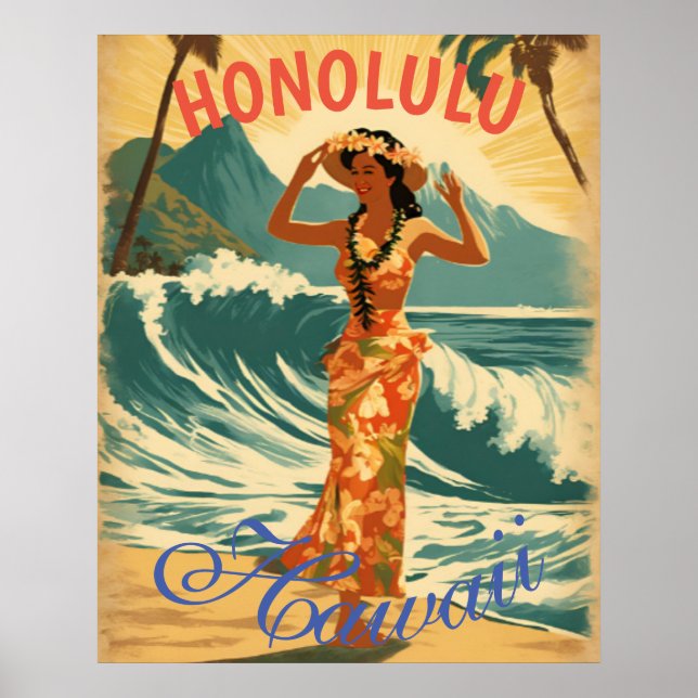 Affiche Style vintage Hawaiian Travel Honolulu Mid-Pacific (Devant)