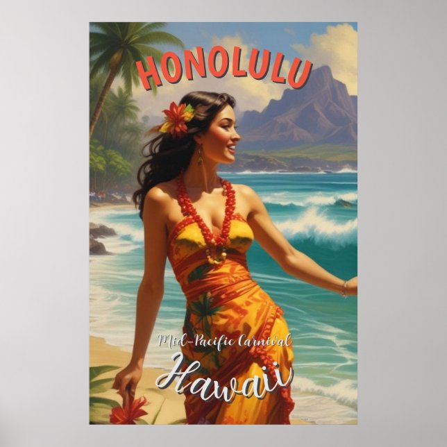 Affiche Style vintage Hawaiian Travel Honolulu Mid-Pacific (Devant)