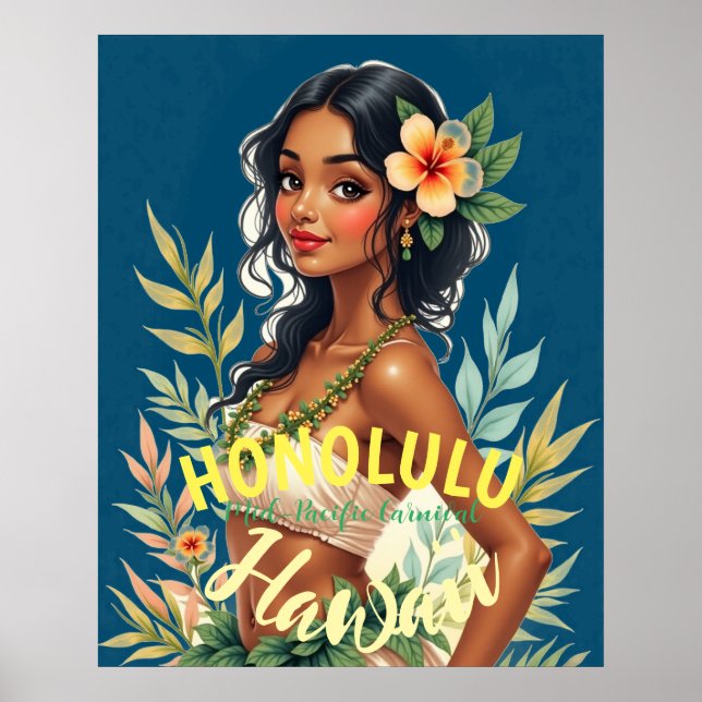 Affiche Style vintage Hawaiian Travel Honolulu Mid-Pacific (Devant)