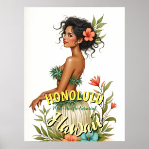 Affiche Style Vintage Voyage Hawaï Honolulu Fille de Hula