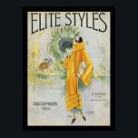 Affiche Styles d'élite 1924<br><div class="desc">Un magazine de style Art déco de style Elite Styles,  décembre 1924. La couverture présente une femme stylisée vêtue d'une robe dorée tenant un ventilateur en plumes plumage.</div>