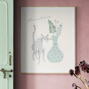 Affiche Stylish Gris Chat Turquoise Floral Illustration pe