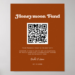 Affiche Stylish retro Burnt Orange Honeymoon fund Code QR