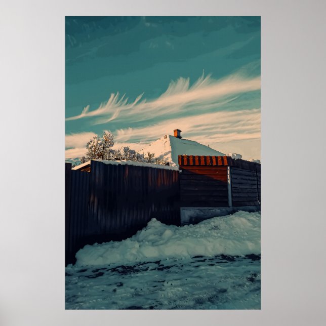 Affiche Stylized Winter Snow Teal Sky Landscape Art (Devant)