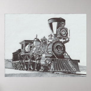 Affiche Stylo à encre dessin d'une locomotive à vapeur