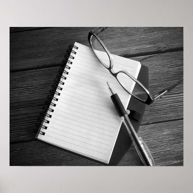Affiche Stylo et lunettes Noir & Blanc Notepad 16x20 (Devant)