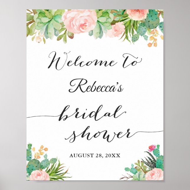 Affiche Succulent Cactus Floral Bridal Shower Sign (Devant)