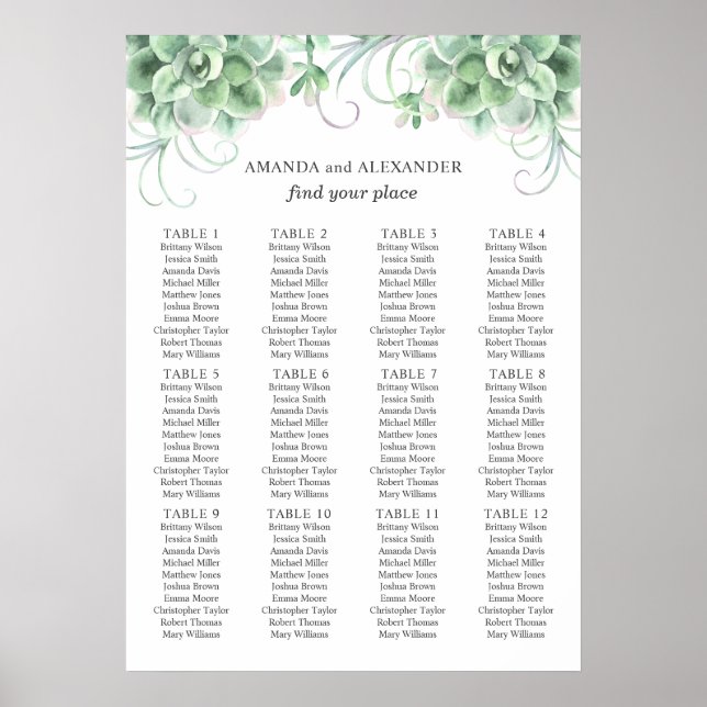 Affiche Succulentes aquarelle. Plan de table de mariage de (Devant)