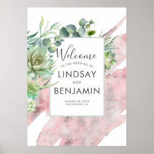 Affiche Succulents Verdure Rose or Aquarelles Mariage