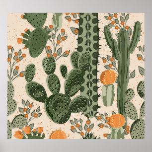 Affiche Succulents verts, fleurs oranges, papier peint de 