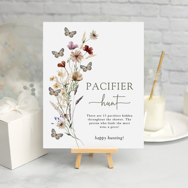 Affiche Sucette Fleur Sauvage Verte (Sage Green Wildflower Pacifier  Hunt Game Poster with Butterflies by Painted Paperie
)
