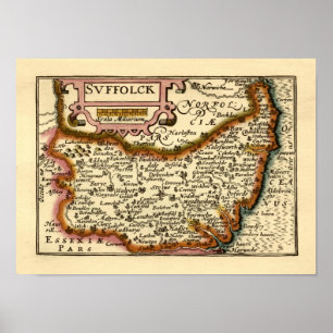 Affiche Suffolk (Suffolck) Comté Angleterre Carte Antiquai