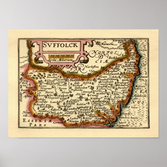 Affiche Suffolk (Suffolck) Comté Angleterre Carte Antiquai (Devant)