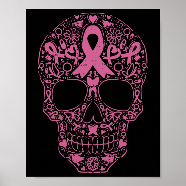 Affiche Sugar Crâne rose Ruban Calavera Cancer du sein Awa (Devant)