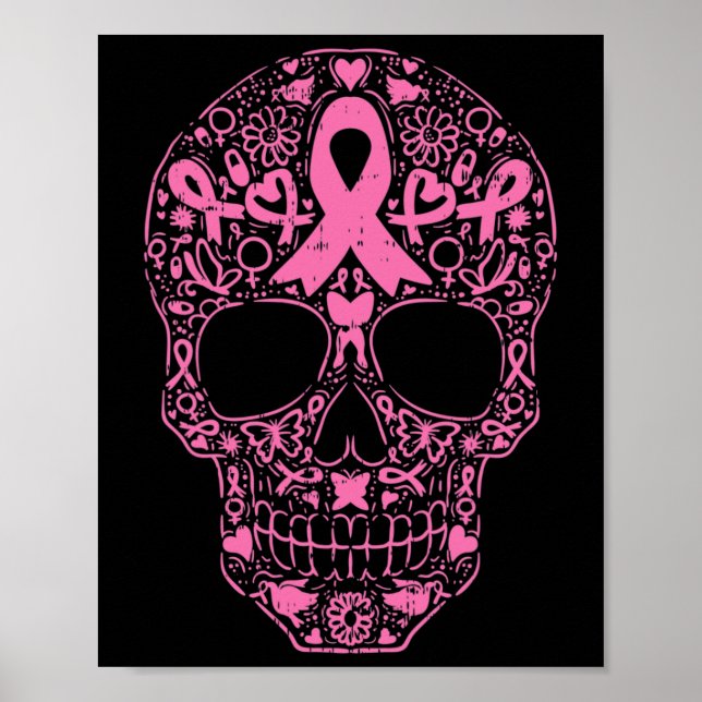 Affiche Sugar Crâne rose Ruban Calavera Cancer du sein Awa (Devant)