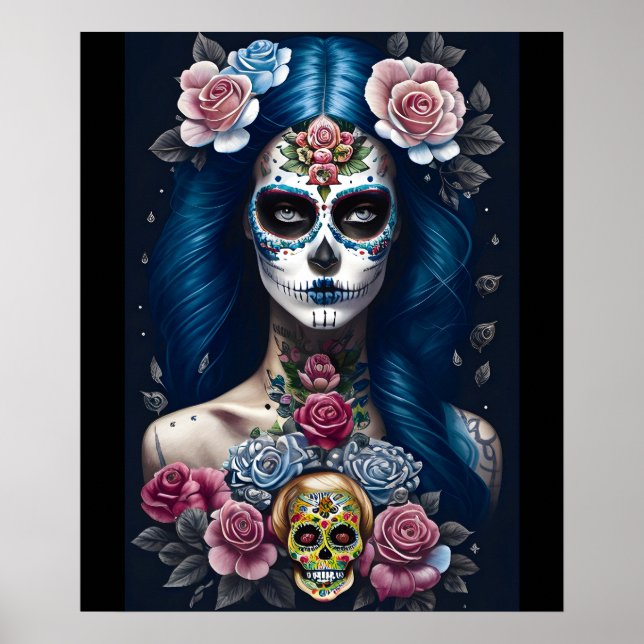 Affiche Sugar Skull Art - Ftripe femme dans le maquillage  (Devant)