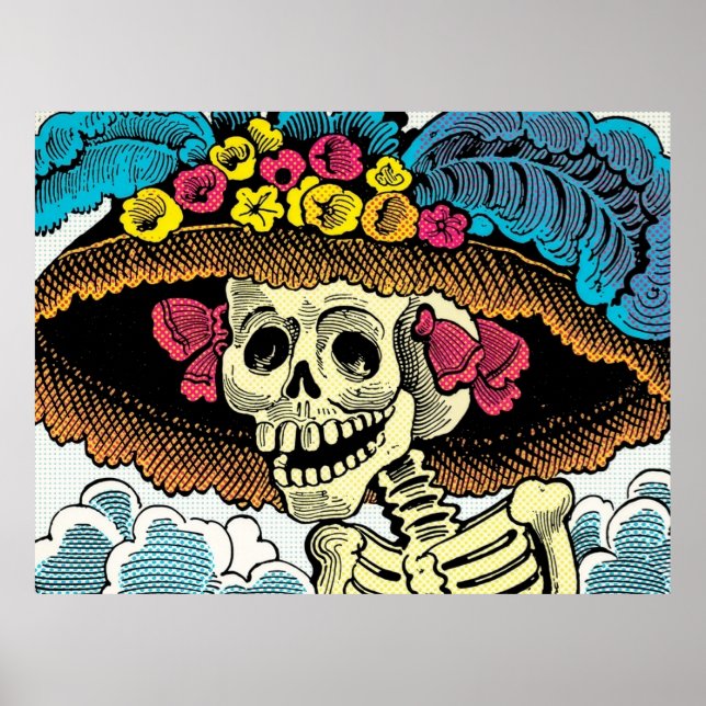 Affiche Sugar Skull Lady in Floral Sun Hat Pop Art Graphic (Devant)