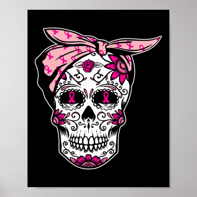 Affiche Sugar Skull rose Ruban Cool Cancer du sein Cancer  (Devant)