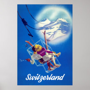 Affiche Suisse, Couple de skieurs heureux dans un téléphér