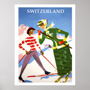 Affiche Suisse, deux femmes en ski, voyage vintage