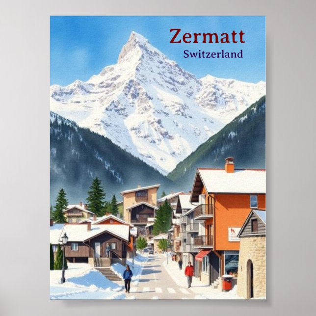 Affiche Suisse Zermatt aquarelle de vacances vintage (Devant)